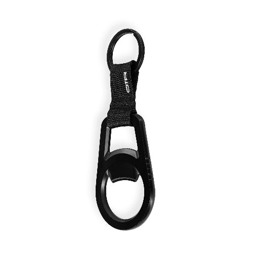 A black carabiner-style keychain with a split ring, black webbing strap, and a bottle opener cutout on the larger ring