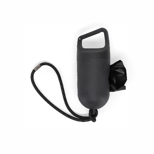 A black pet waste bag dispenser with a carrying handle, wrist strap, and a black bag partially extended.