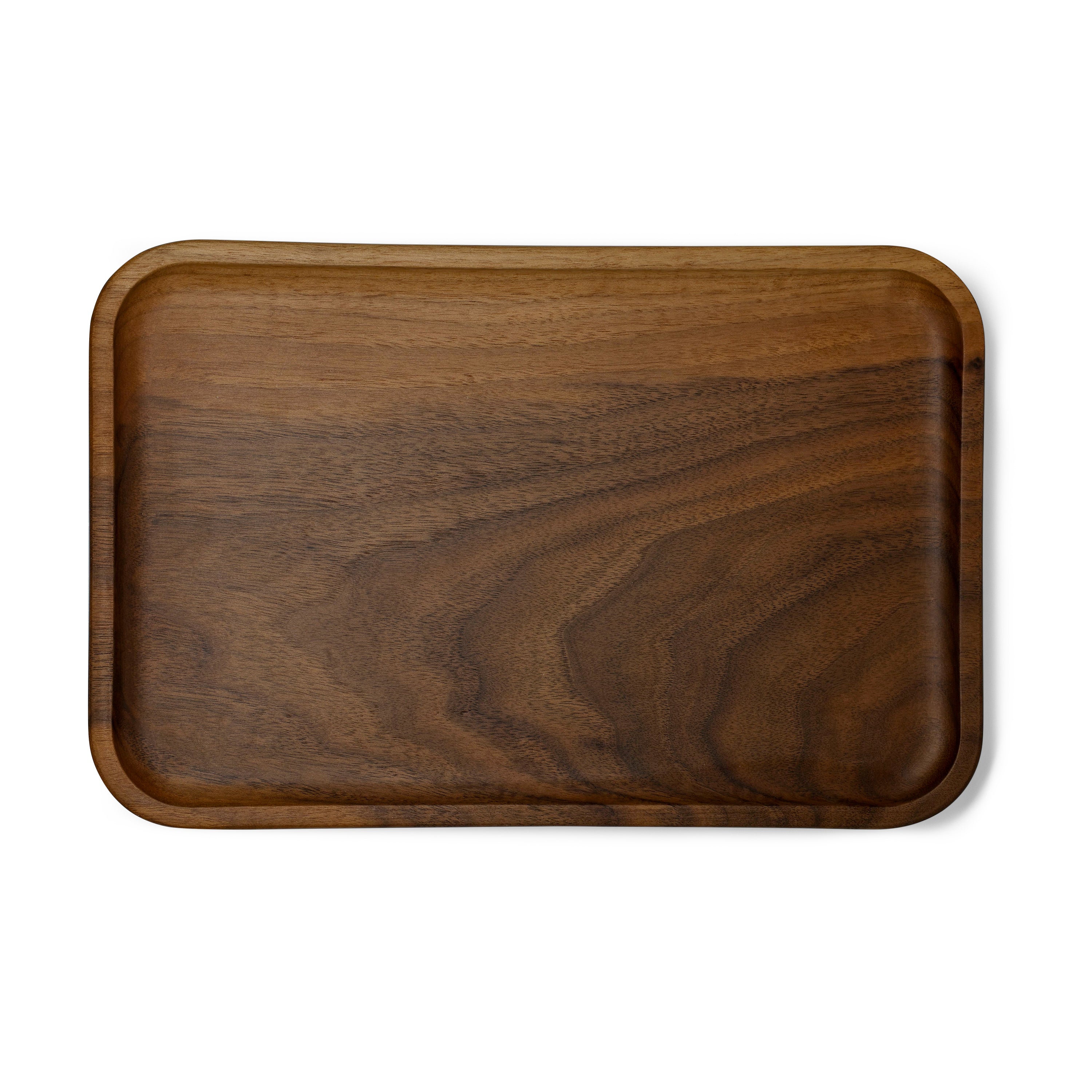 Wooden tray with a brown finish on a white background