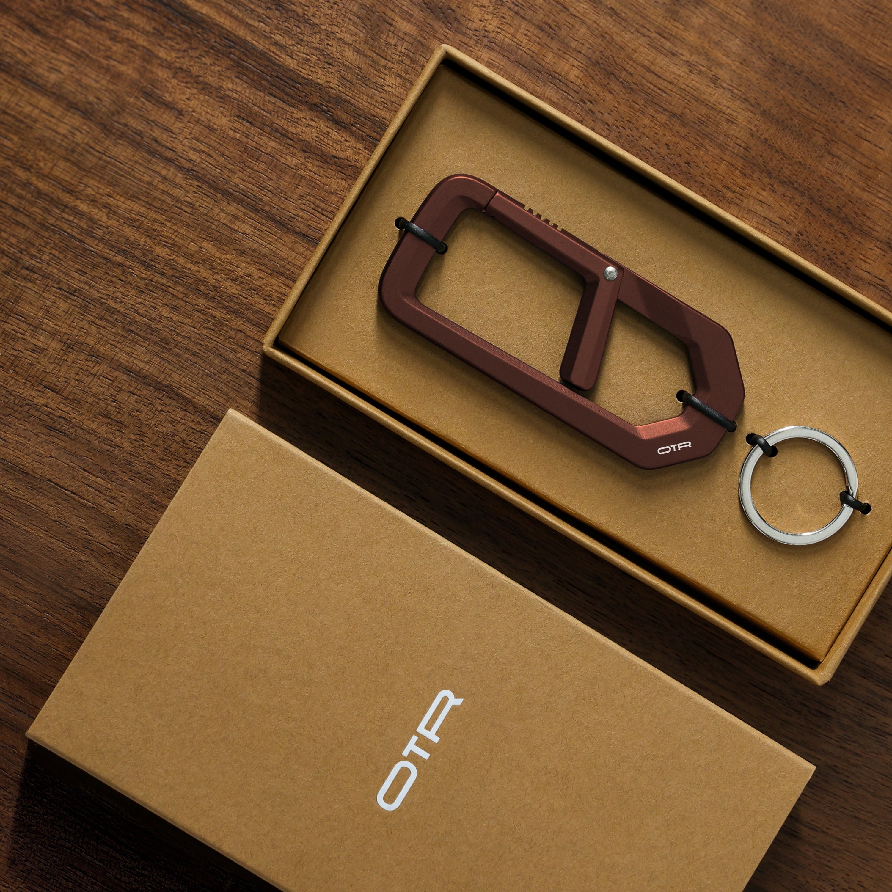 Espresso Bronze H Carabiner in Gift Box Wood Background