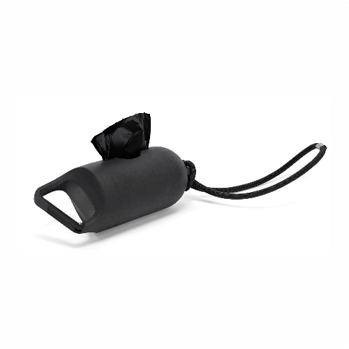 A black dog waste bag dispenser with a carrying loop