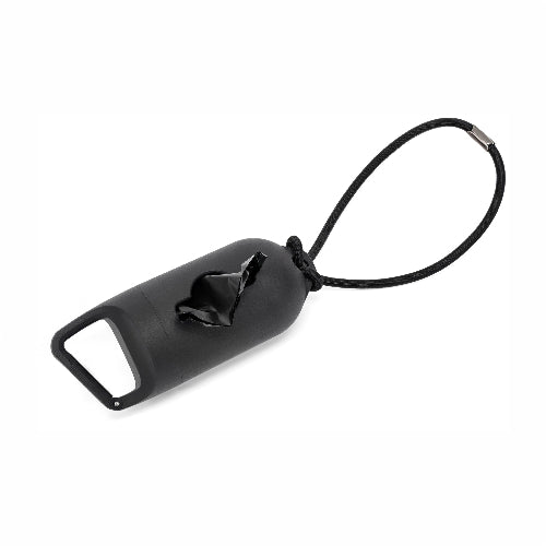 A black dog poop bag dispenser with a loop strap