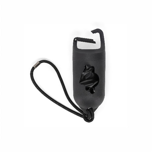 A black plastic dog waste bag holder with a built-in black strap and hook, shown on a plain white background.