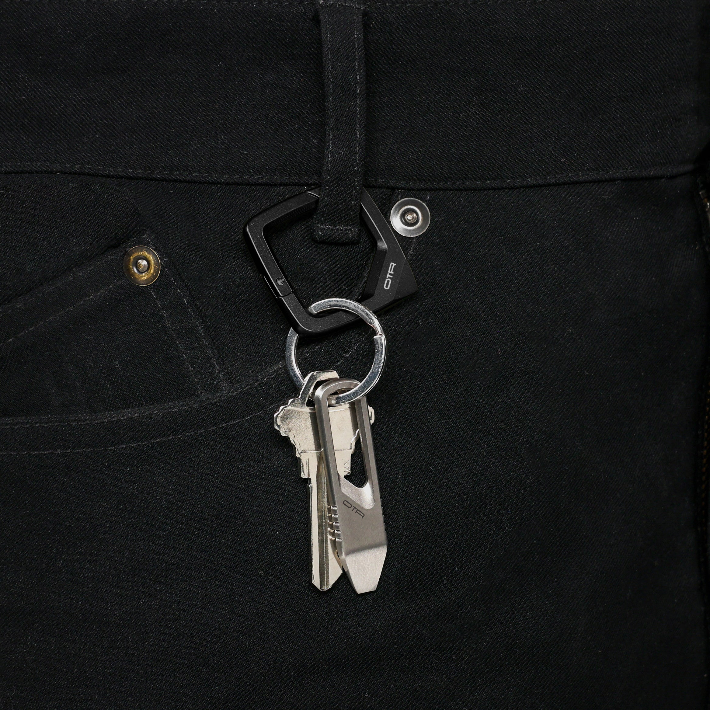Black Square Carabiner on Belt Loop